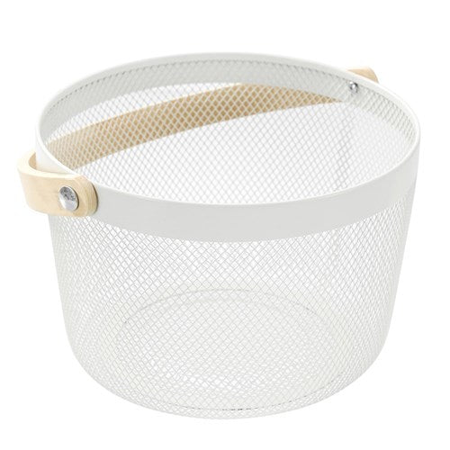 White Mesh Round Basket Wood Handle White