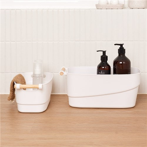 White Storage Tub Wood Handle Medium