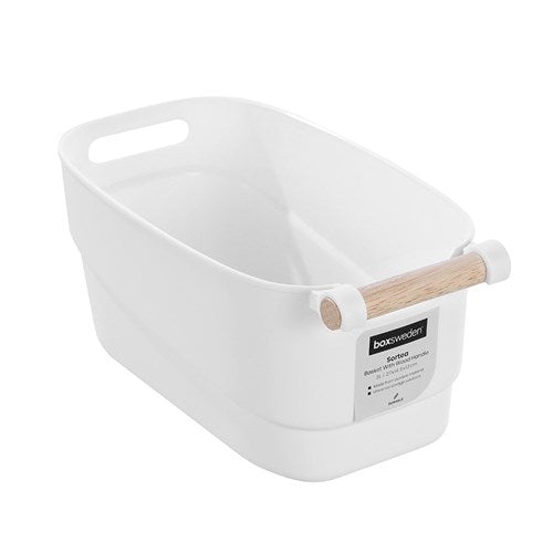 White Storage Tub Wood Handle Medium