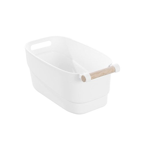 White Storage Tub Wood Handle Medium